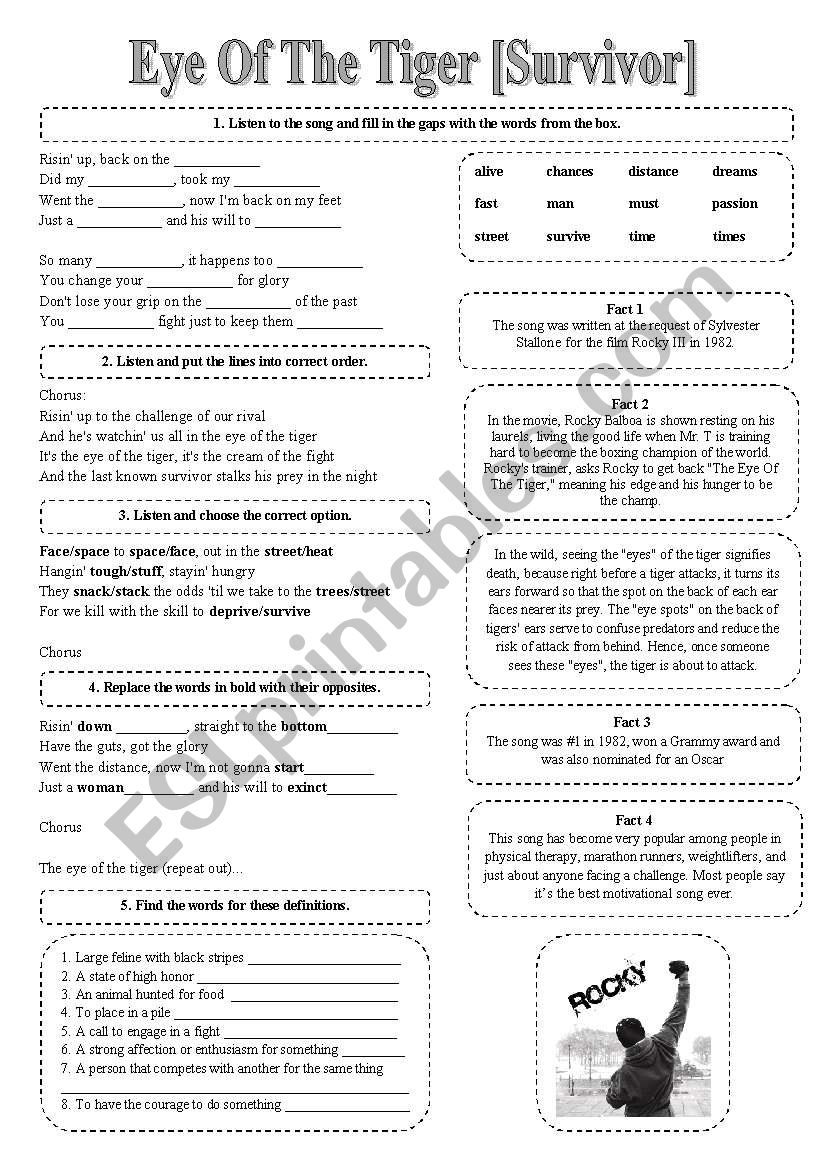 Song Eye Of The Tiger Survivor Printer Friendly Version Included Esl Worksheet By Songlessons Song Eye Of The Tiger Survivor Printer Friendly Version Included Esl Worksheet By Songlessons